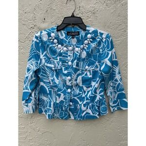 Linear Petite Blue White Floral Abstract Beaded Peplum Jacket PS